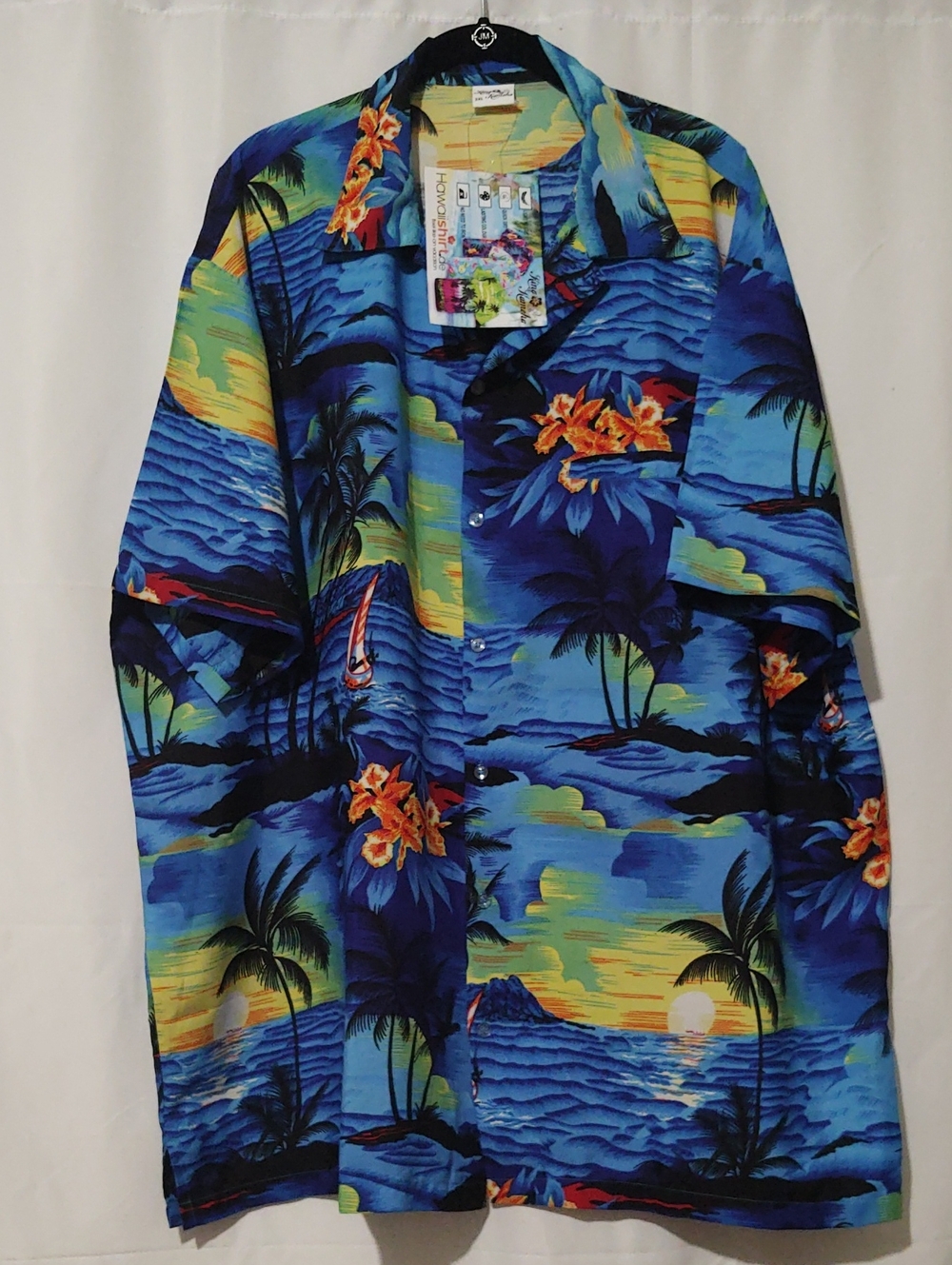 King Kameha 3XL Men's Bright Blue Hawaiian Button-Up with Tropical Sunset Print